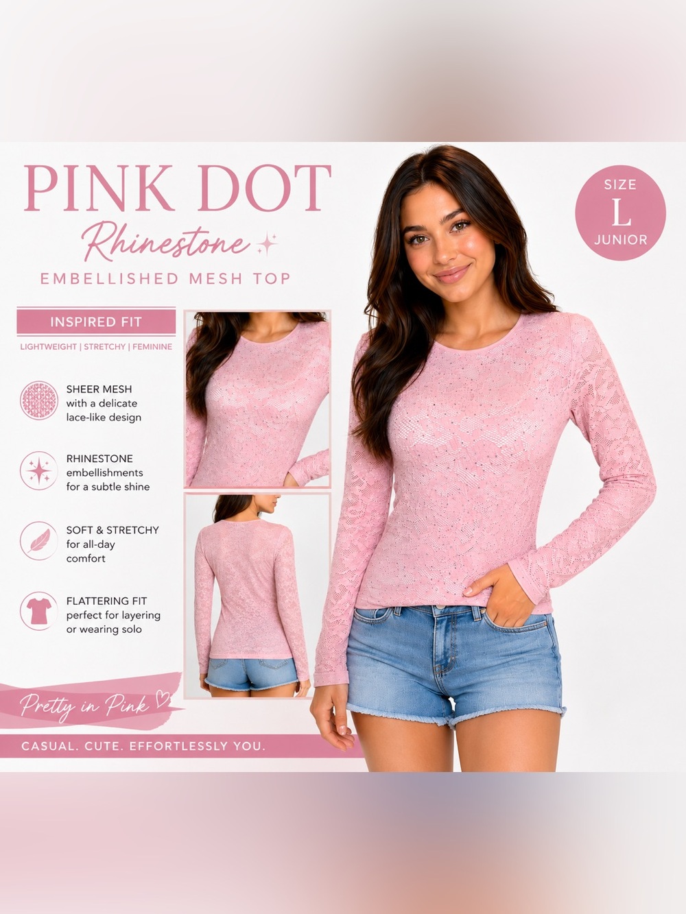 Pink Dot Rhinestone Lace Mesh Top Pink Long Sleeve Junior Fit Size L NWT